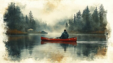 A lone man paddles a red canoe on a misty lake, surrounded by tall trees and a hint of a camp in the distance.