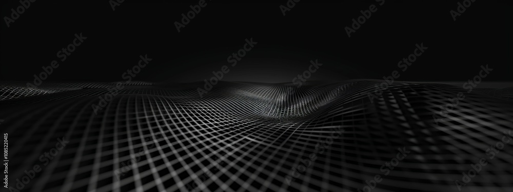 Poster Minimalist abstract geometric wallpaper featuring a grid pattern on a black background. Banner template with white space for text, perfect for modern and professional design uses.