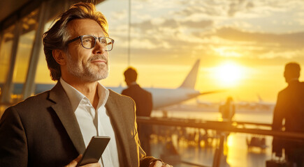 The  businessman with mobile phone and luggage at the airport