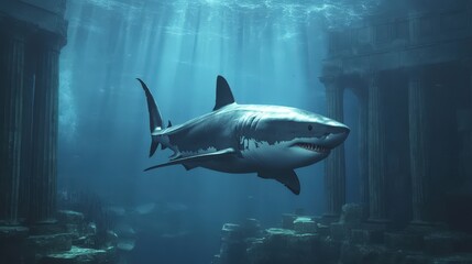 Fototapeta premium Majestic Shark Swimming Amidst Ancient Ruined City Underwater