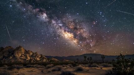 Fototapeta premium The Milky Way and shooting stars over a desert landscape.