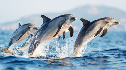 Playful dolphins jumping over breaking waves in Pacific Ocean wildlife scenery. Marine life of animals in natural habitat © Coco.Ratta