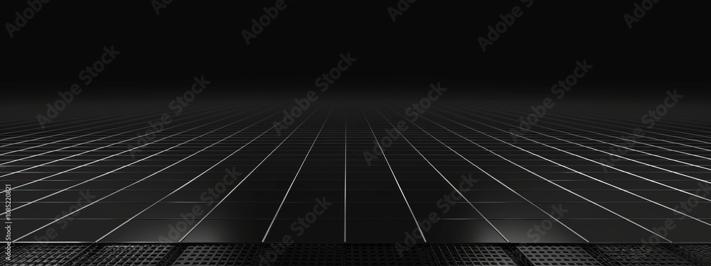 Poster Minimalist abstract wallpaper featuring a grid pattern on a black background. Banner template with white space for text, perfect for modern and professional design uses.