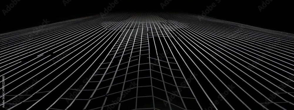 Poster Minimalist abstract wallpaper featuring a grid pattern on a black background. Banner template with white space for text, perfect for modern and professional design uses.