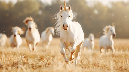 Beautiful white unicorn and herd of horses running in dry grass field and pasture in natural sunset