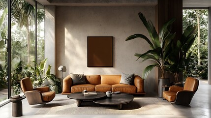 Fototapeta premium Modern living room with leather furniture and lush greenery.