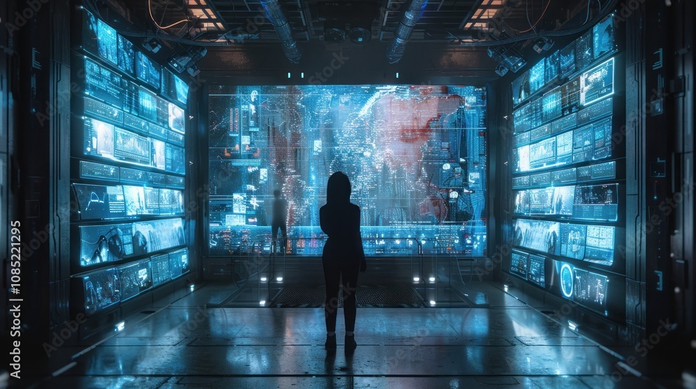Poster a lone figure stands in a futuristic control room, surrounded by glowing screens displaying data and