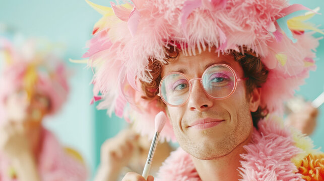 Professional Caucasian makeup artist ladyboy wearing pink feather wig custume and holding brushes for sweet pink makeup in festival or performance of pride day