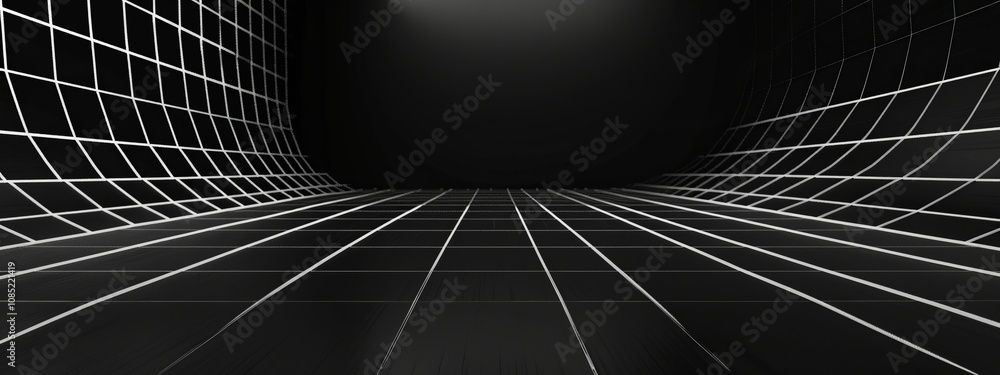 Poster Minimalist grid pattern wallpaper on a black background. Banner template with white space for text, suitable for modern and professional design applications.