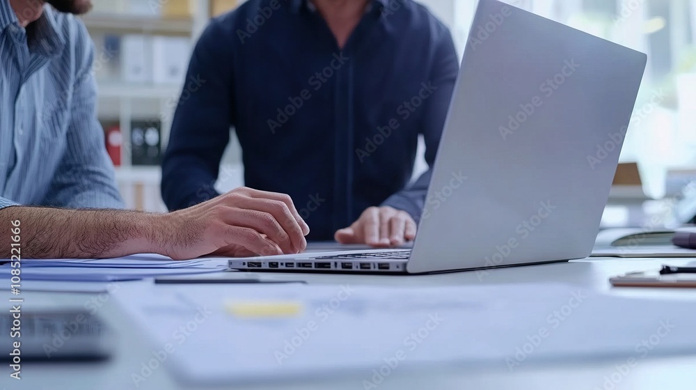 Poster close-up of two professionals collaborating in a modern office setting with laptop and documents on 