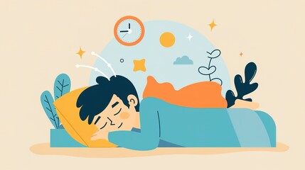 Fototapeta premium Person lying peacefully in bed under cozy blanket, eyes closed, with serene expression, promoting tranquility and good sleeping habits.