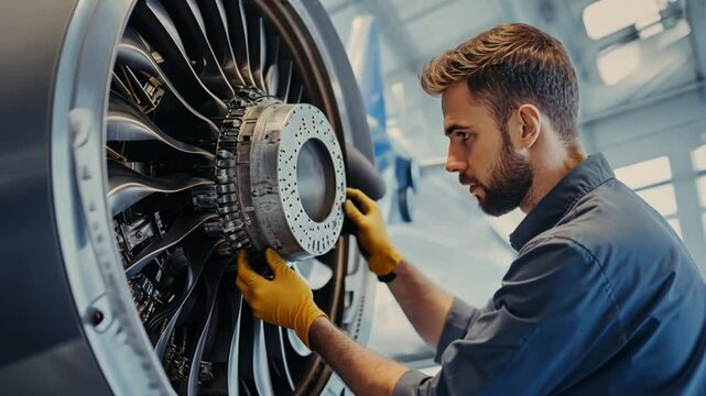 A mechanic conducting a thorough safety inspection on an aircraft engine, ensuring it meets the strict aviation safety standards