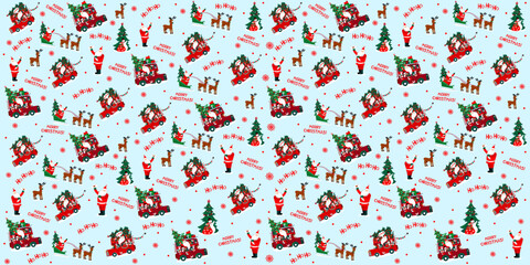 Christmas pattern with holiday elements: snowman, gifts, Christmas trees, Santa Claus, deers. Seamless pattern for wallpaper, pattern fills, web page background, surface textur.  Vector  illustration