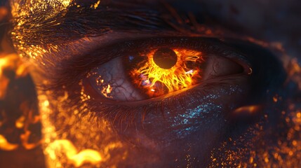 Intense Warrior's Eye in Dark Fantasy Battlefield - 3D Render with Flames of Battle Reflecting Emotions of Rage and Vengeance
