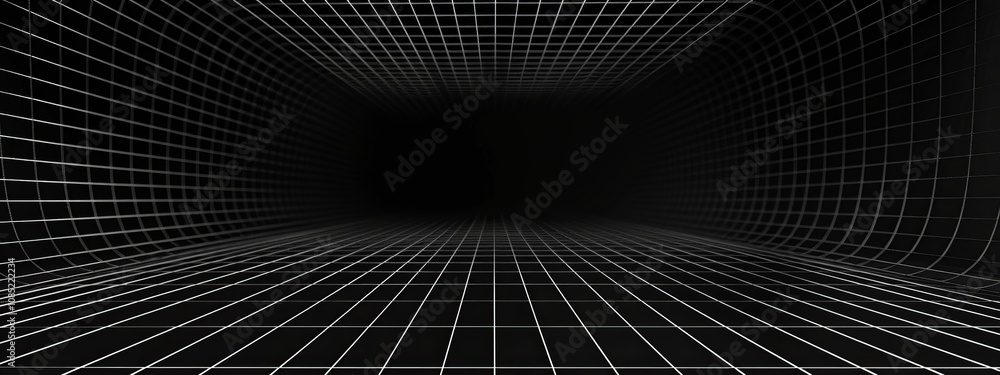 Poster Grid Patterns and Circles on Black Background with White Center Space for Text. Clean and Modern Design for Banners, Templates, and Minimalist Wallpapers.