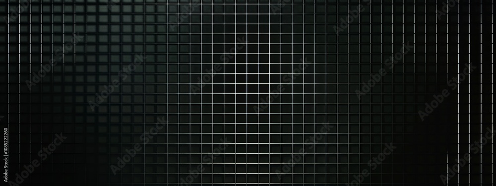 Poster Grid Patterns and Circles on Black Background with White Center Space for Text. Clean and Modern Design for Banners, Templates, and Minimalist Wallpapers.