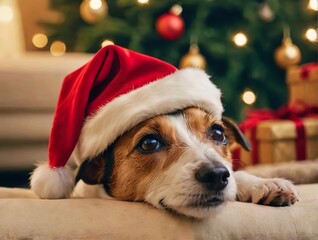 Jack Russell Terrier in a Christmas hat