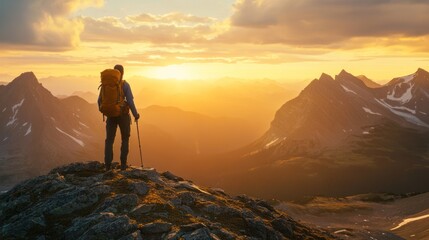 Fototapeta premium Silhouette of a Hiker at Sunset on a Mountain Peak