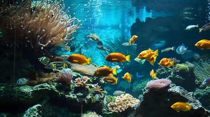 Obraz premium Underwater scene featuring brightly colored fish, diverse corals, and crystal-clear water in a tropical aquarium
