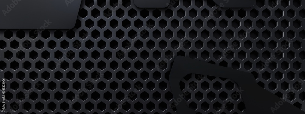 Poster Black background with hexagonal grid for design. Banner template with white space in the center for text. Perfect for minimalist abstract wallpaper and digital web design.