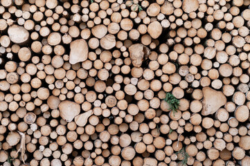 A close-up view of a large pile of neatly stacked firewood logs. The cut ends of the logs display natural wood textures and varying sizes, creating a rustic and textured pattern.
