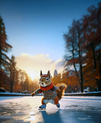 3D squirrel character skating in the city