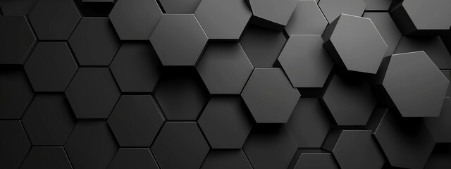 Minimalist abstract hexagonal pattern on a black background. Banner template with white space for text, perfect for modern and professional design uses.