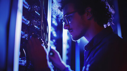 Installation process and maintenance Concept. IT technician troubleshooting server racks in data center, focused and determined