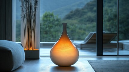 Illuminated vase glows softly in modern room, scenic view.