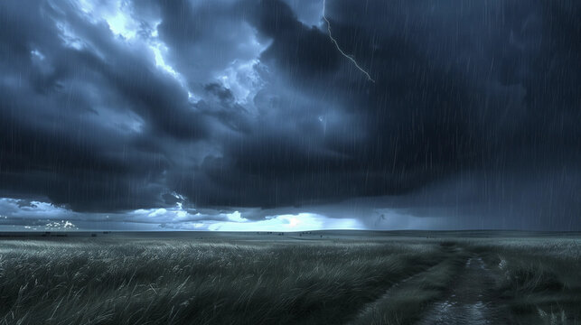 Dark storm clouds lightning field night landscape moody dramatic rain weather nature background concept banner copy space backdrop scary stormy danger hail afternoon Australia rural farm land