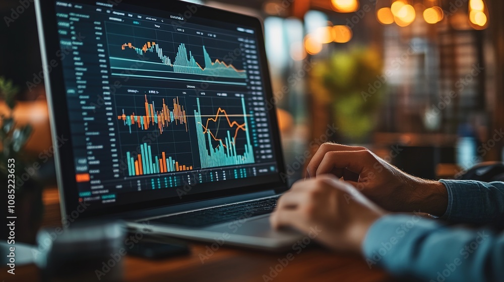 Poster professional data analysis with modern technology in a cozy workspace featuring charts and graphs on