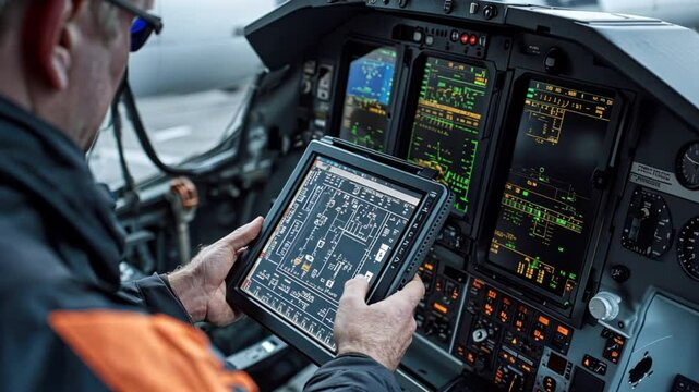A close-up of an aircraft systems check, with a technician monitoring electronic diagnostics during a safety inspection
