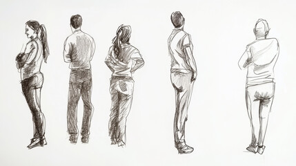 People Standing in Various Poses Sketch Illustration