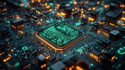 Obraz premium Close-up of glowing CPU on circuit board.