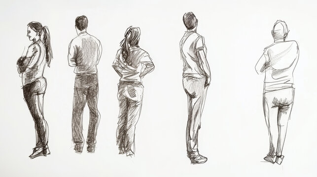 People Standing in Various Poses Sketch Illustration