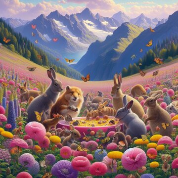 In meadows rich with mallow plants animals gather to celebrate t