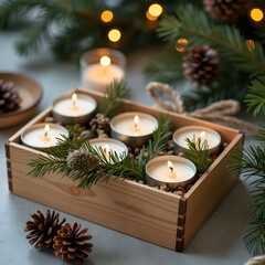 A warm and inviting arrangement of candles surrounded by pine and pinecones for a cozy winter atmosphere, photography of still life concept.
