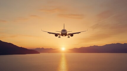 Fototapeta premium A plane is flying over a body of water at sunset