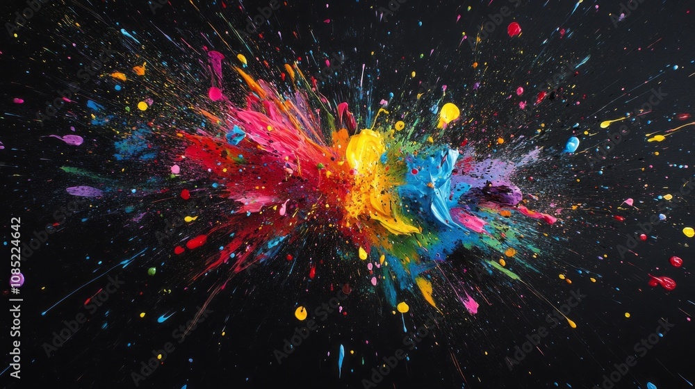 Poster a colorful explosion of paint splatters on a black background