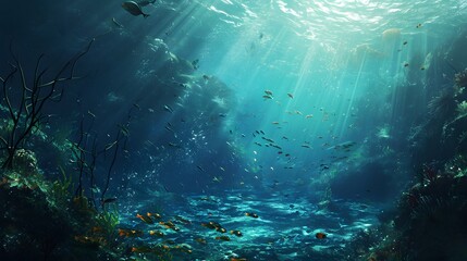 Serene Underwater Scene with Sun Rays, Tropical Fish, and Lush Coral Reef