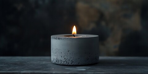 Lit concrete candle holder on dark surface.  A single flame illuminates the grey textured holder.