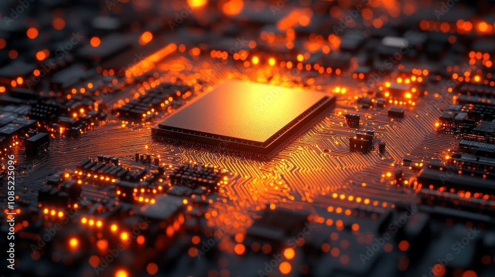 Poster glowing cpu on circuit board.