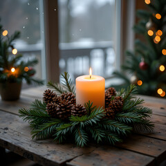 A cozy candle centerpiece surrounded by pine cones and greenery for winter celebrations, photography of still life concept.