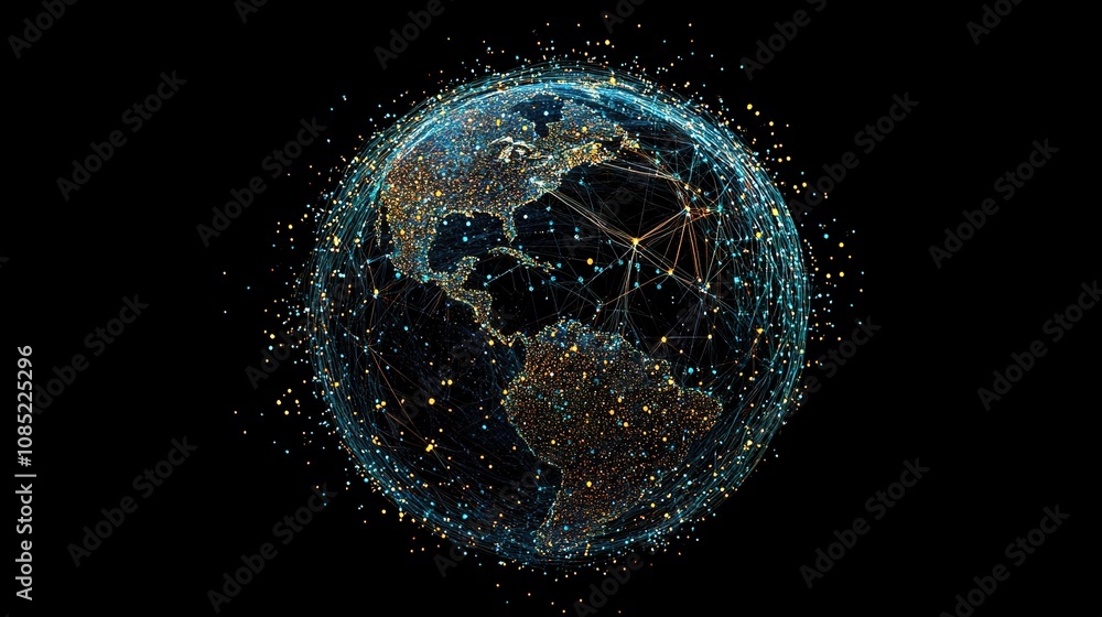 Poster futuristic digital globe with network connections and bright particles representing global communica