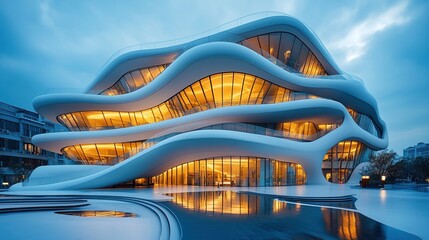 Obraz premium A futuristic building with flowing shapes and warm lighting, showcasing modern architectural design.