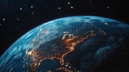 Obraz premium Stunning Aerial View of Earth at Night Illuminated by City Lights over North America with Stars in the Background