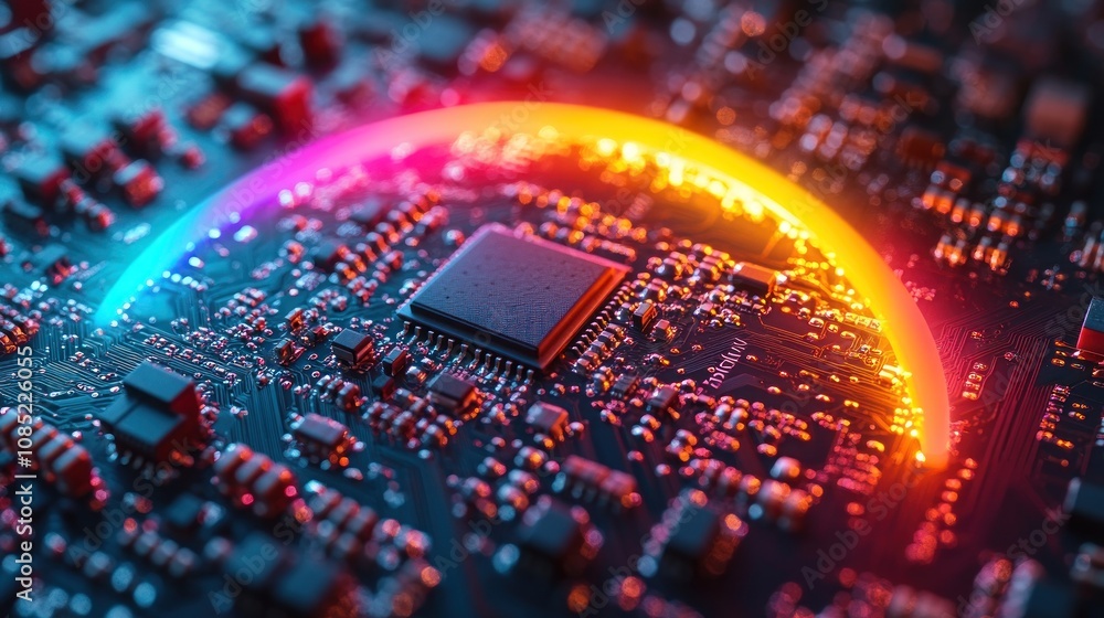 Poster close-up of illuminated central processing unit on circuit board. (1)