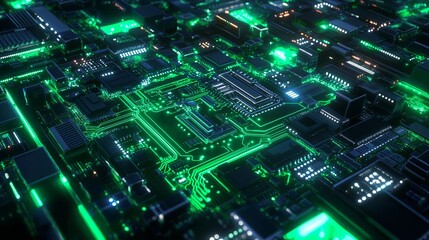 Fototapeta premium Digital Circuit Board in Glowing Green and Blue