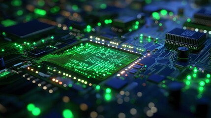 Fototapeta premium Digital Circuit Board in Glowing Green and Blue