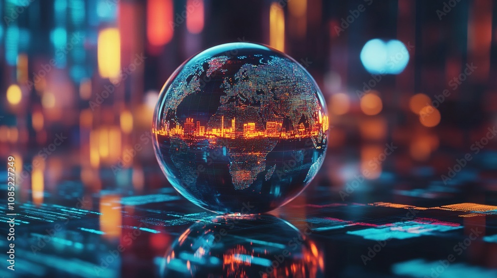 Poster stunning 3d render of a transparent globe with city lights and a futuristic background showcasing da